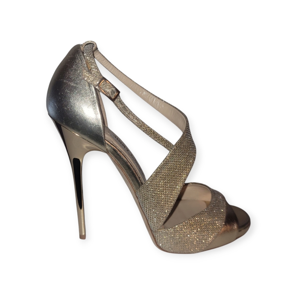 Jimmy Choo Tyne Gold Metallic Lame Glitter Leather High Heel Shoes 39 / 9